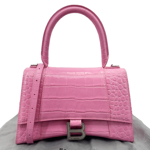 BALENCIAGA Hourglass Crocodile Embossed Leather Top Handle Shoulder Bag Pink