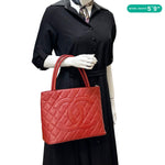 CHANEL Medallion Quilted Caviar Leather Tote Bag Red