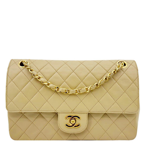 CHANEL Vintage Classic Double Flap Medium Quilted Leather Shoulder Bag Beige