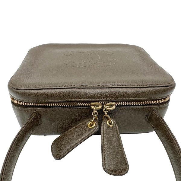 CHANEL Vintage Vanity Case Leather Top Handle Bag Dark Olive