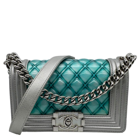 CHANEL Water Boy Flap Small Quilted PVC Iridescent Leather Shoulder Bag Blue