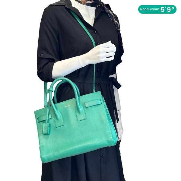 YVES SAINT LAURENT Sac de Jour Smooth Calfskin Leather Satchel Bag Green