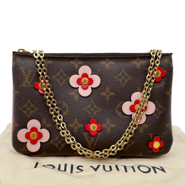 LOUIS VUITTON Double Zip Pochette Blooming Flowers Monogram Canvas Crossbody Bag Brown