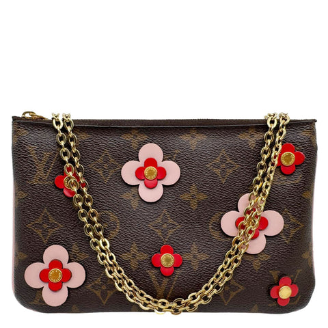 LOUIS VUITTON Double Zip Pochette Blooming Flowers Monogram Canvas Crossbody Bag Brown