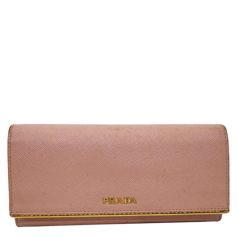PRADA Metal Bar Continental Flap Saffiano Leather Wallet Pink
