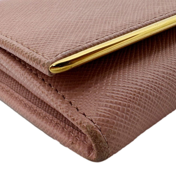 PRADA Metal Bar Continental Flap Saffiano Leather Wallet Pink