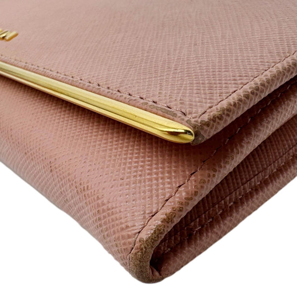 PRADA Metal Bar Continental Flap Saffiano Leather Wallet Pink