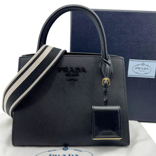 PRADA Monochrome Small Calfskin Saffiano Leather Top Handle Tote Black