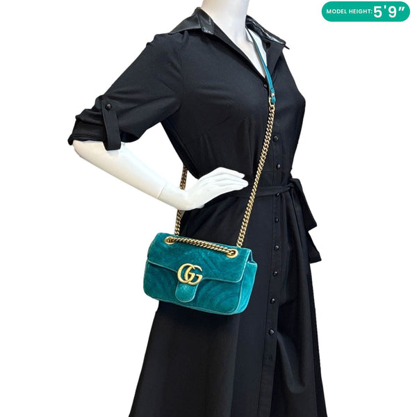 GUCCI GG Marmont Small Matelasse Velvet Shoulder Bag Turquoise 446744