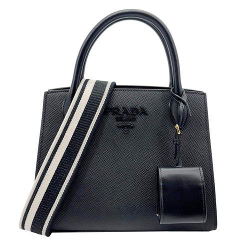 PRADA Monochrome Small Calfskin Saffiano Leather Top Handle Tote Black