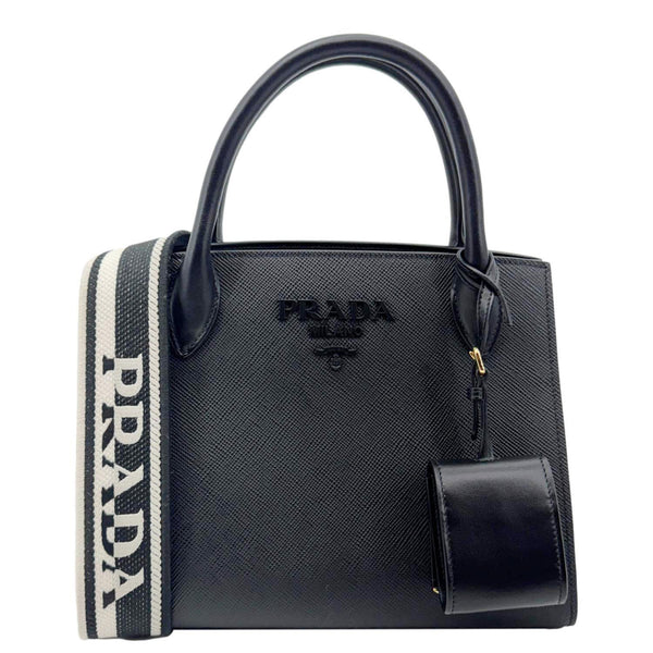 PRADA Monochrome Small Calfskin Saffiano Leather Top Handle Tote Black