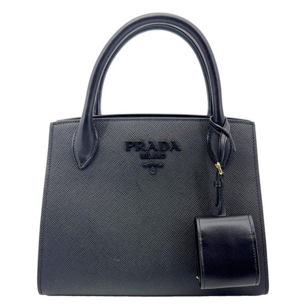PRADA Monochrome Small Calfskin Saffiano Leather Top Handle Tote Black