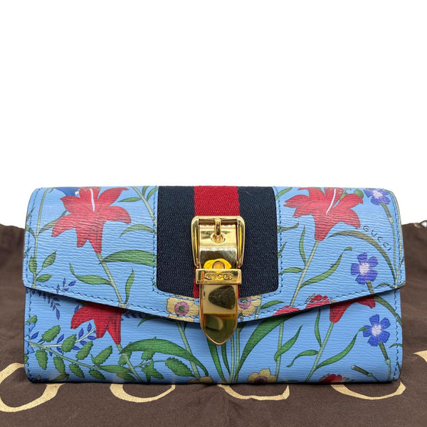 GUCCI Sylvie Continental Floral Print Leather Wallet Blue 476084
