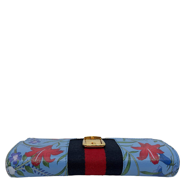 GUCCI Sylvie Continental Floral Print Leather Wallet Blue 476084