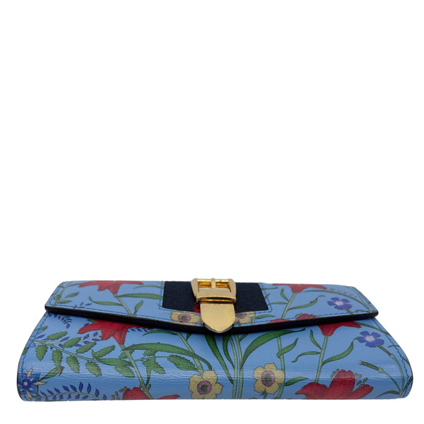 GUCCI Sylvie Continental Floral Print Leather Wallet Blue 476084