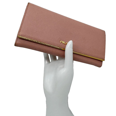 PRADA Metal Bar Continental Flap Saffiano Leather Wallet Pink