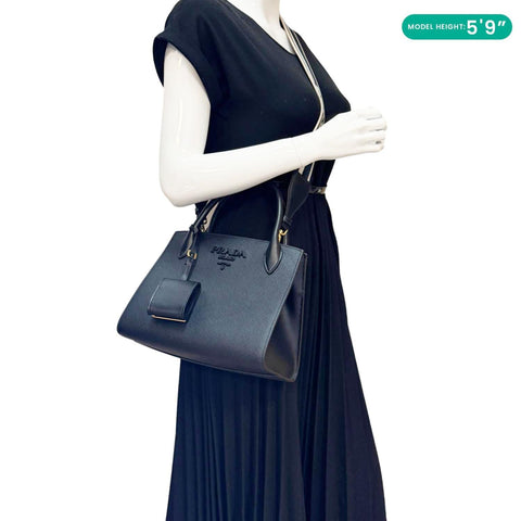 PRADA Monochrome Small Calfskin Saffiano Leather Top Handle Tote Black