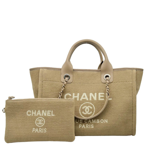 CHANEL Deauville Small Canvas Shopping Tote Bag Taupe