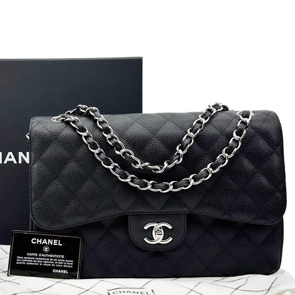 CHANEL Classic Double Flap Jumbo Quilted Caviar Leather Shoulder Bag Black