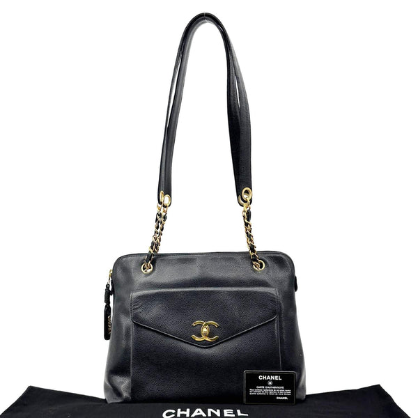 CHANEL Vintage Front Pocket Caviar Leather Shoulder Bag Black
