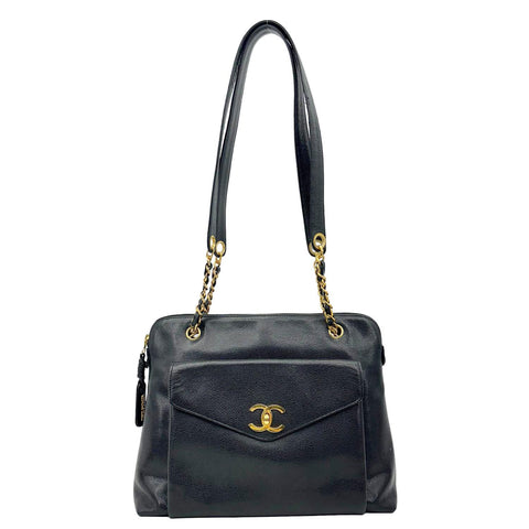 CHANEL Vintage Front Pocket Caviar Leather Shoulder Bag Black