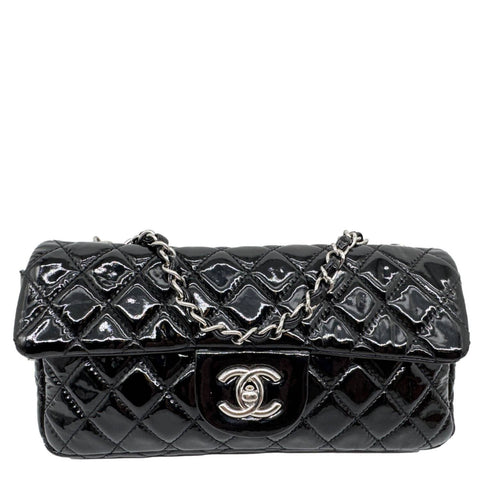 CHANEL Classic East West Flap Quilted Patent Leather Shoulder Bag Black