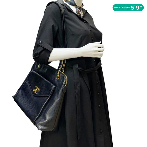 CHANEL Vintage Front Pocket Caviar Leather Shoulder Bag Black