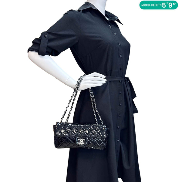 CHANEL Classic East West Flap Quilted Patent Leather Shoulder Bag Black