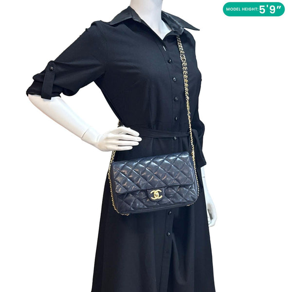 CHANEL CC You Flap Small Quilted Caviar Leather Crossbody Bag Navy Blue