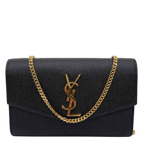 YVES SAINT LAURENT Uptown Grain De Poudre Embossed Leather Crossbody Chain Wallet Black