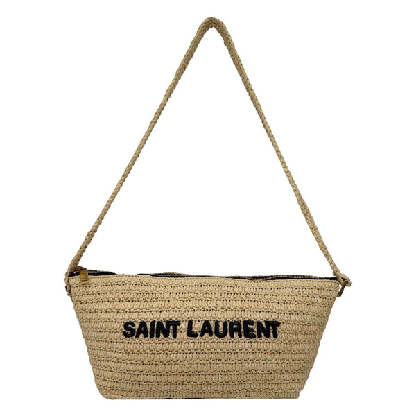 YVES SAINT LAURENT Tuc Logo Woven Raffia Shoulder Bag Cream