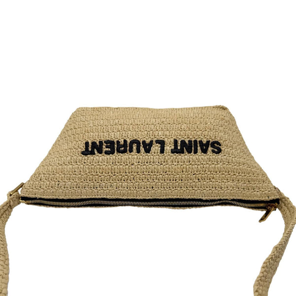 YVES SAINT LAURENT Tuc Logo Woven Raffia Shoulder Bag Cream