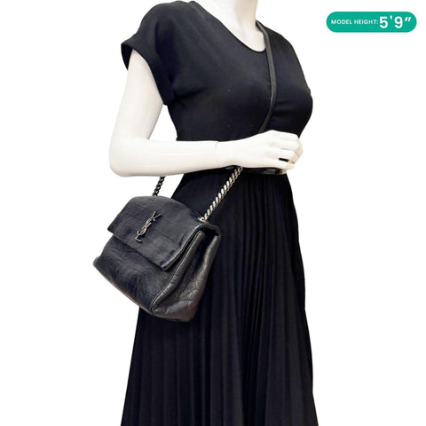 YVES SAINT LAURENT West Hollywood Medium Croc Embossed Crossbody Bag Black