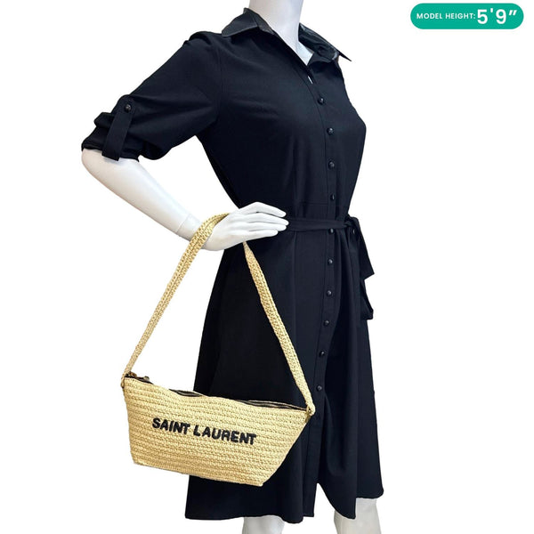 YVES SAINT LAURENT Tuc Logo Woven Raffia Shoulder Bag Cream