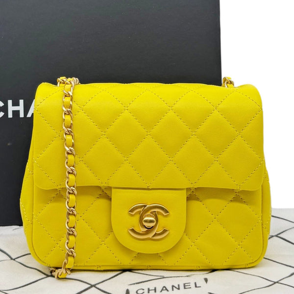 CHANEL Pearl Crush Square Flap Mini Quilted Lambskin Leather Shoulder Bag Yellow