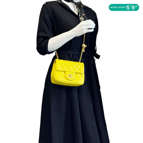 CHANEL Pearl Crush Square Flap Mini Quilted Lambskin Leather Shoulder Bag Yellow