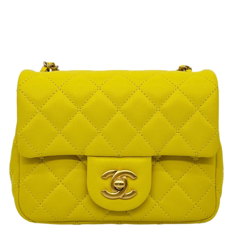 CHANEL Pearl Crush Square Flap Mini Quilted Lambskin Leather Shoulder Bag Yellow