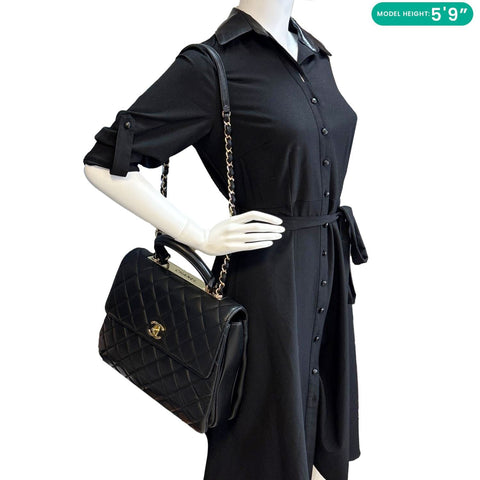 CHANEL Trendy CC Top Handle Flap Quilted Leather Shoulder Bag Black