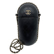 CHANEL Interlocking CC Logo Quilted Lambskin Leather Chain Around Phone Holder Black