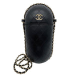 CHANEL Interlocking CC Logo Quilted Lambskin Leather Chain Around Phone Holder Black