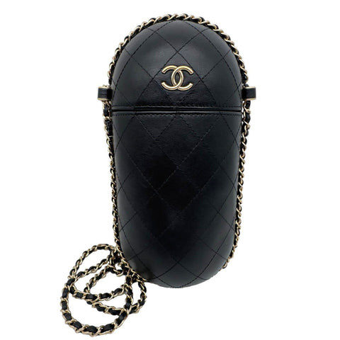CHANEL Interlocking CC Logo Quilted Lambskin Leather Chain Around Phone Holder Black