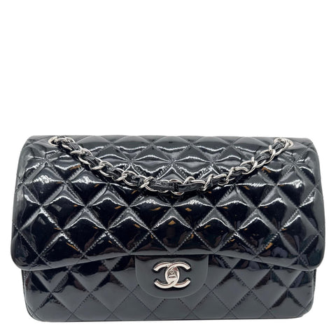CHANEL Classic Double Flap Quilted Patent Leather Shoulder Bag Black