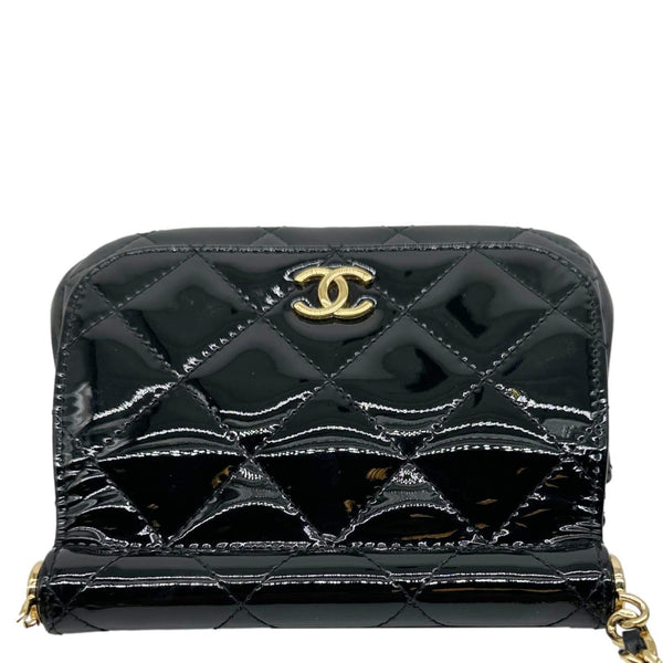 CHANEL Frame Clutch Flap With Chain Quilted Patent Leather Crossbody Bag Black