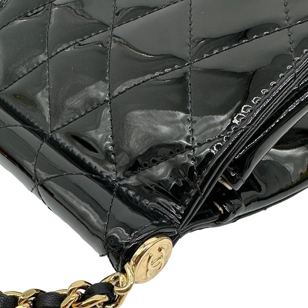 CHANEL Frame Clutch Flap With Chain Quilted Patent Leather Crossbody Bag Black
