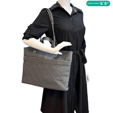 CHANEL Timeless CC Quilted Caviar Leather Shopping Tote Bag Grey