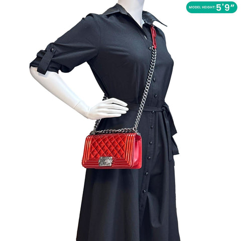 CHANEL Boy Flap Small Quilted Patent Leather Shoulder Bag Red