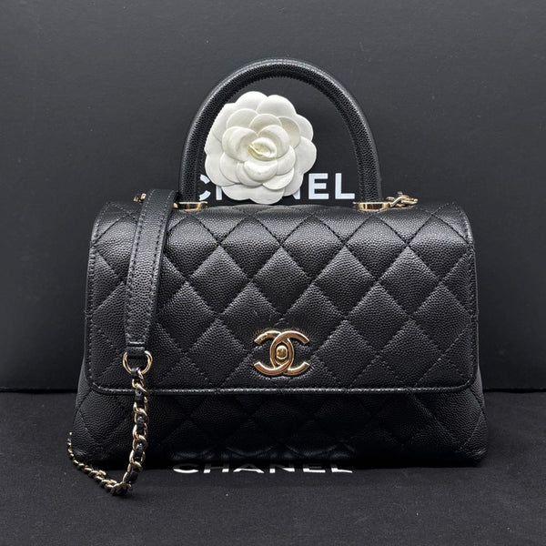 CHANEL Coco Flap Small Quilted Caviar Leather Handle Shoulder Bag Black