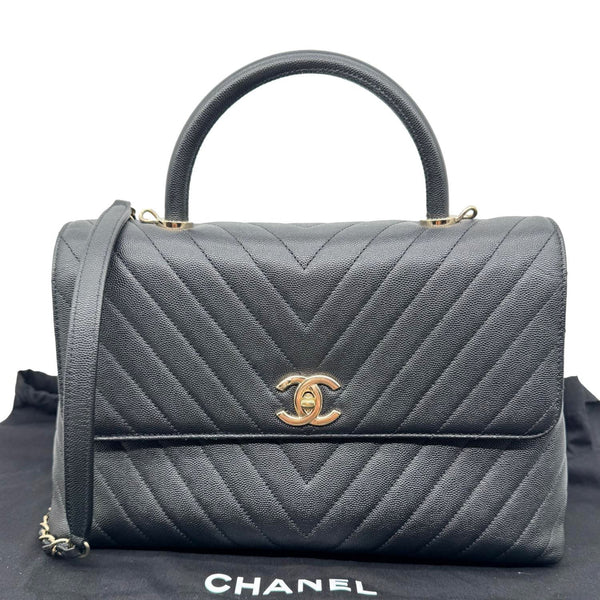 CHANEL Coco Handle Flap Medium Quilted Chevron Caviar Leather Crossbody Bag Black