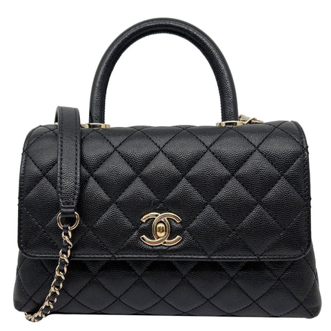 CHANEL Coco Flap Small Quilted Caviar Leather Handle Shoulder Bag Black