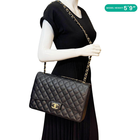 CHANEL Maxi Classic Double Flap Caviar Leather Shoulder Bag Black